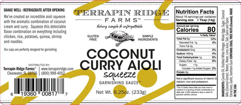 8.25 Terrapin Ridge Farms Coconut Curry Aioli Garnishing Sauce One Ounce Squeeze Bottle Gluten-Free, Keto-Friendly, Low