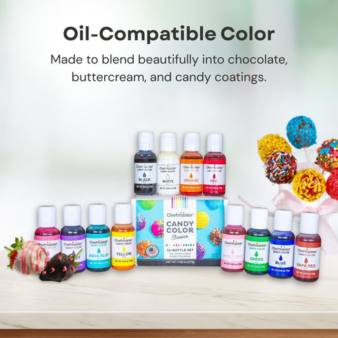 12 Set 0.64 oz Chefmaster Bottle of Candy Colors, True-Tone Shades, Oil-Based, Professional-Grade Dye, Chocolate