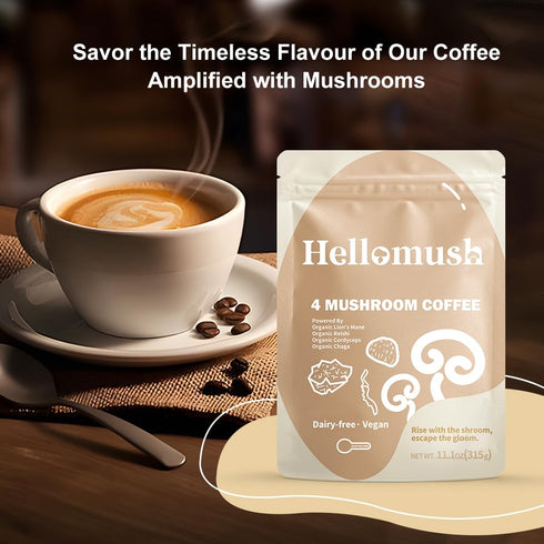 90 11.11 oz Hellomush Organic Instant Mushroom Coffee with Lions Mane, Reishi, Chaga and Cordyceps Coffee, Adaptogen