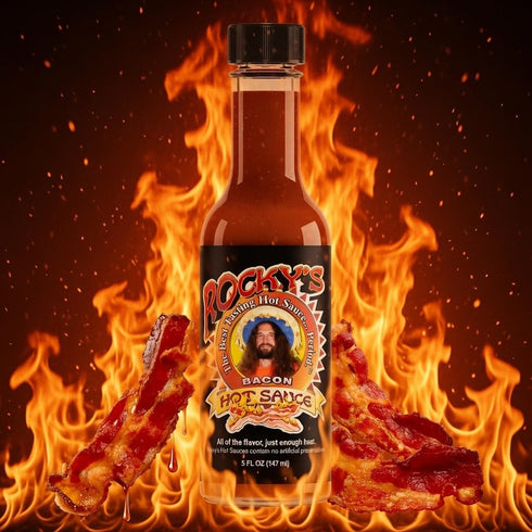 5 oz Rocky's Bacon Hot Sauce Gourmet Red Chili Sauce with Perfectly Balanced Heat Great Hot Sauce Gift and Wing Sauce