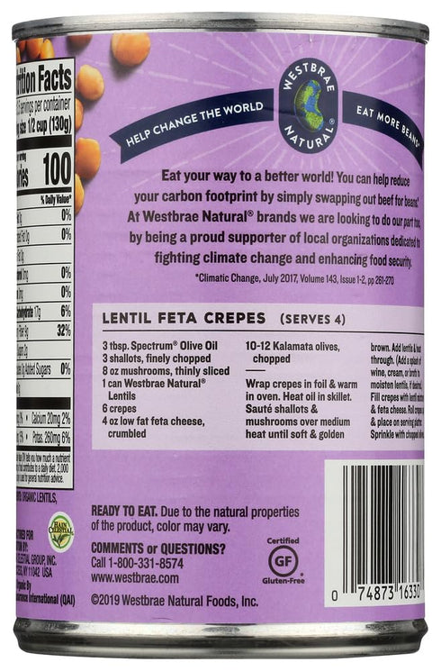 15 Oz (Pack 6) Westbrae Foods Lentil Beans Fat Free