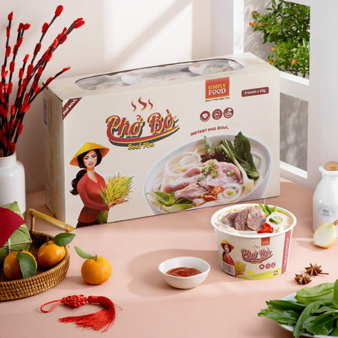 9 80g (Pack 9) SIMPLY FOOD Instant Vietnamese Beef Pho Noodles (Ph B) - BOWLS/ each Authentic Pho Rice Noodles in a