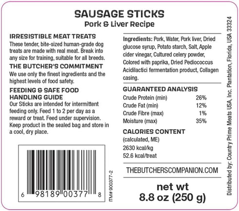 The Butcher's Companion 6.17oz Sausage Sticks Dog Treats - Pork & Liver Recipe