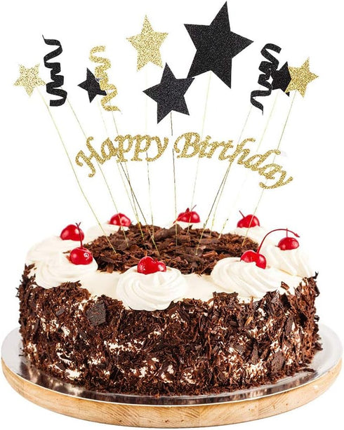 Handmade Black and Gold Glitter Pentacle Cake Toppers, Happy Birthday Cake Bunting Topper Paper Decoration