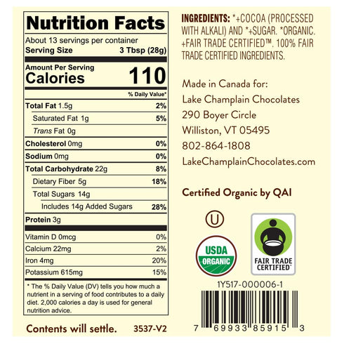 13 13 Lake Champlain Organic Vegan Dark Hot Chocolate Mix, Servings, Ounces