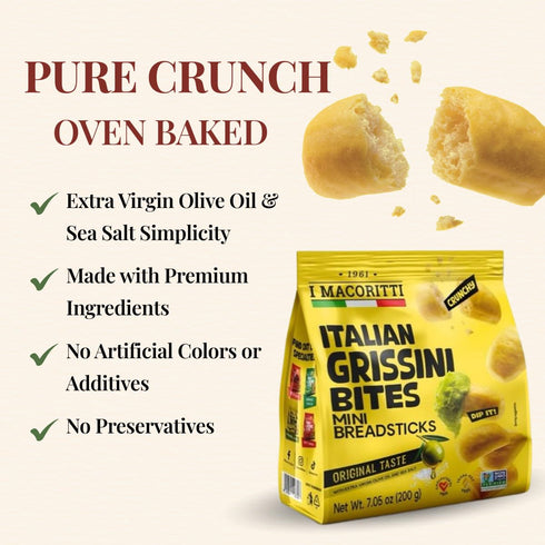 '-7.05 oz I Macoritti Italian Grissini Bites Mini Breadsticks with Extra Virgin Olive Oil and Sea Salt, Authentic