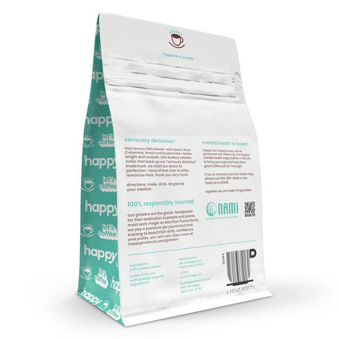 12 oz., happy coffee bright side light roast whole bean coffee, notes of cashew & perfection, responsibly grown