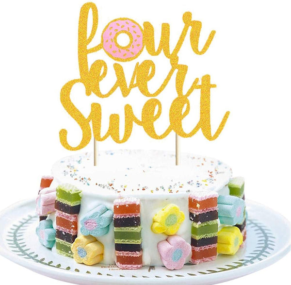 XXDecor Donut 4th Birthday Cake Topper Gold Glitter Donut Fourever Sweet Cake Decor