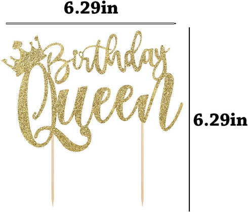 Handmade Glitter Queen Cake Topper, Happy Birthday Cake Bunting Decor, Party Decoration Supplies in Gold