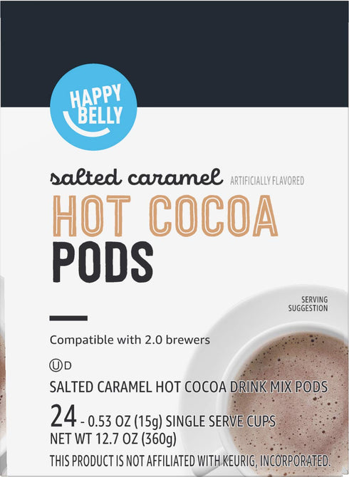 2.0 24 Count (Pack 2) Amazon Brand - Happy Belly Hot Cocoa Pods Compatible with K-Cup Brewers, Salted Caramel Flavored