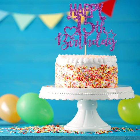 INNORU Purple Glitter Happy 15th Birthday Cake Topper - Cheers to 15 Years, Teenager Children's Party Decorations