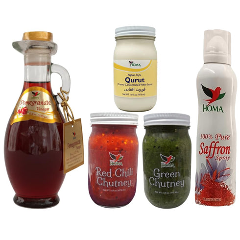 Homa Afghan Silk Road Pantry Condiment Bundle with Qurut, Pomegranate Vinegar, Red