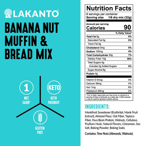 2g (12 Lakanto Sugar Free Banana Nut Muffin and Bread Mix - Sweetened with Monk Fruit Sweetener, Net Carbs, Gluten
