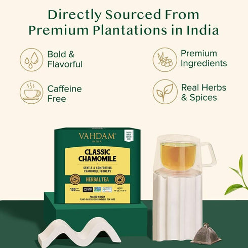 (100 100% VAHDAM, Chamomile Herbal Tea Pyramid Tea Bags) Resealable Ziplock Pouch | Caffeine Free, Non GMO, Gluten Free