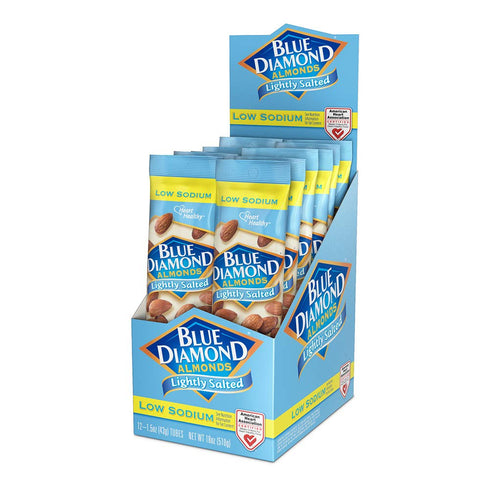 (1.5 Oz. Pack 12) Blue Diamond Almonds, Low Sodium, Lightly Salted Flavored Snack Nuts, Single Serve Bags Tubes