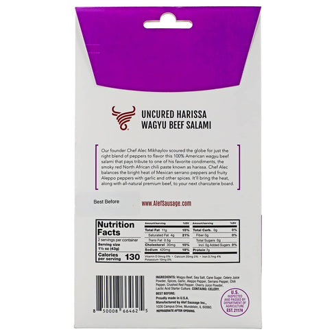 3 Oz (1 Pack) Premium Uncured All Natural Grass Fed Harissa Wagyu Dry Sliced Salami Gourmet - Artisanal Charcuterie