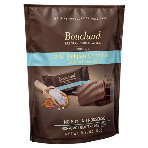 (5.29 OZ 150g) (Pack 4) Bouchard Belgian Milk Chocolate with Caramel & Sea Salt /