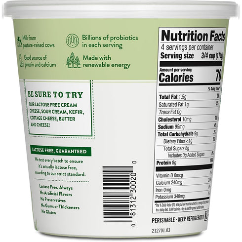 Green Valley Creamery 24 Green Valley Lactose Free Organic Lowfat Plain Yogurt, Ounce