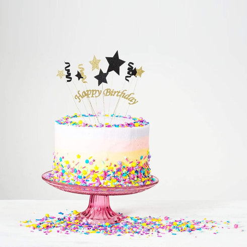 Handmade Black and Gold Glitter Pentacle Cake Toppers, Happy Birthday Cake Bunting Topper Paper Decoration