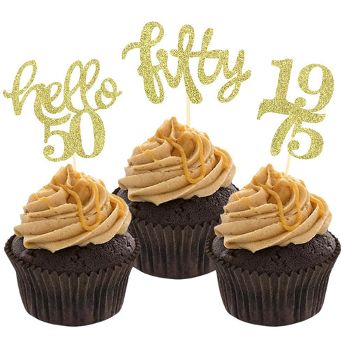 24 Pcs Gold Glitter 50th Birthday Cupcake Toppers for 50th Birthday Party Celebrating Decorations
