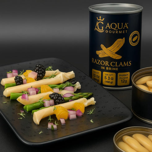 15 oz Aqua Gourmet Premium Razor Clams in Brine, Chilean Patagonian Shellfish, Can.