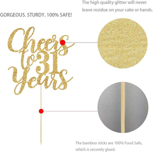 Gold Glitter Cheers to 31 Years Cake Topper, Gold Happy 31st Birthday Cake Topper, Birthday Party Decorations