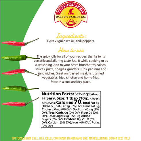 100% 200 ml 6.7 oz TuttoCalabria, Calabrian Chili Pepper Infused Oil, Calabrian Peppers infused with Extra Virgin Olive