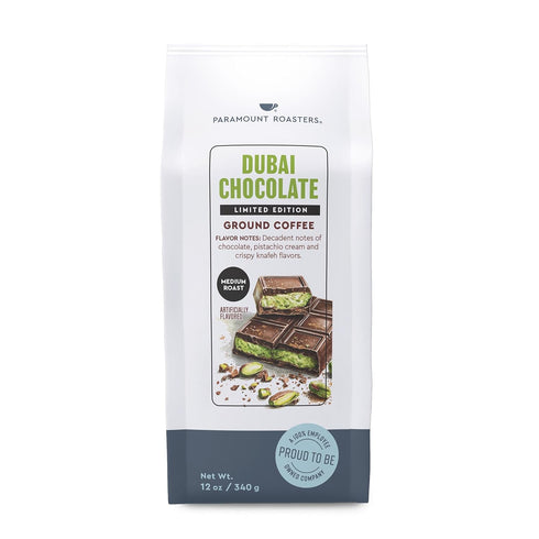 12oz 100% Paramount Roasters Limited Edition Dubai Chocolate Flavored Ground Coffee, Medium Roast Arabica