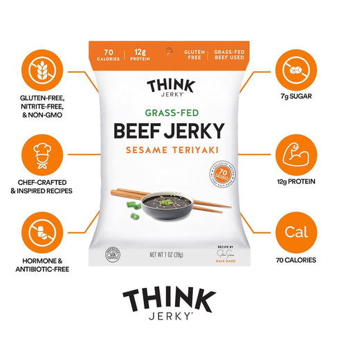 1.0 oz 8 Pack Think Jerky Sesame Teriyaki Beef Jerky, Grass-Fed High Protein Beef, Gluten Free, No Antibiotics