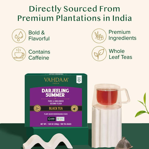 VAHDAM Darjeeling Black Tea Bags, 100 Count, High Caffeine, Non GMO, Gluten Free, Smooth & Sweet