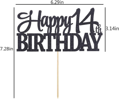 PALASASA Black Glitter Happy 14th Birthday Cake Topper | 14 Anniversary Party Decoration