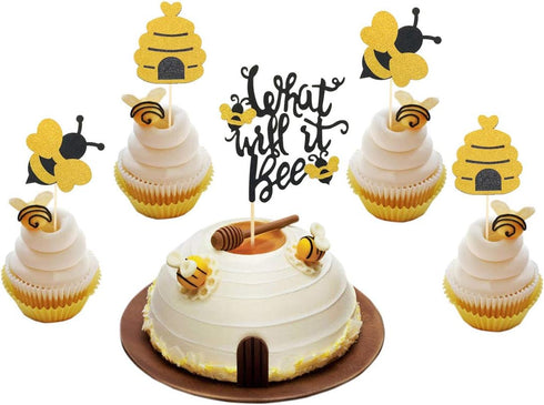 25 Pcs Glitter Bumble Bee Cupcake Toppers, What Will It Bee Cake Topper, Gender Reveal Party Decorations