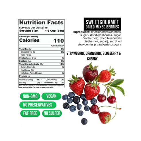 1 SweetGourmet Premium Dried Mixed Berries | Cherries, Cranberries, Blueberries, Strawberries | NON GMO | No Sulfur