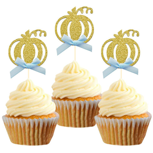 24pcs Pumpkin Cupcake Toppers - Fall Theme Cake Decoration for Baby Shower Party Supplies (Blue Bow)