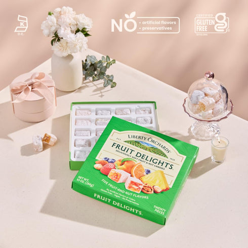 10 Oz Liberty Orchards, Fruit Delights - Assorted Vegan Fruit and Nut Candies, Gluten Free, Lokum with Nuts, Strawberry