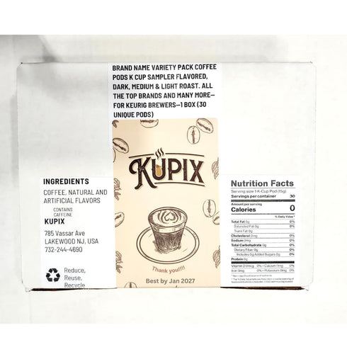 KUPIX Pack Brewers1 (30 Brand Name Variety Coffee Pods K Cup Sampler Flavored, Dark, Medium & light Roast. All the Top