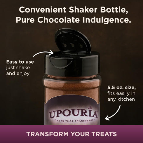 5.5oz Upouria Chocolate Flavored Shakable Topping, Finishing Sugar for Coffee, Lattes, Hot Chocolate, Desserts, Gourmet