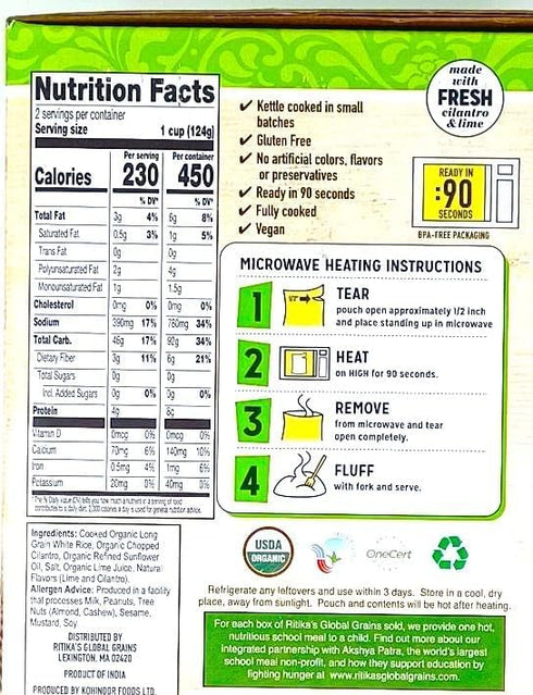 Generic 8.8 oz. (Pack 12) Organic Cilantro & Lime Rice.