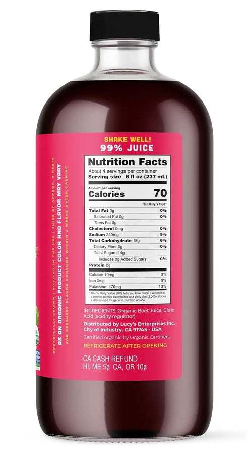 99% 34 oz. Lucys Family Owned - AMERICAN BEETS Organic Pure Beet Juice, Glass Bottle (Fresh Pressed and Pasteurized)