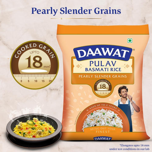 5 (11 lb) Daawat Pulav Basmati Rice | Naturally Aged Long & Slender Grains | Fluffy Non-Sticky Texture | Perfect