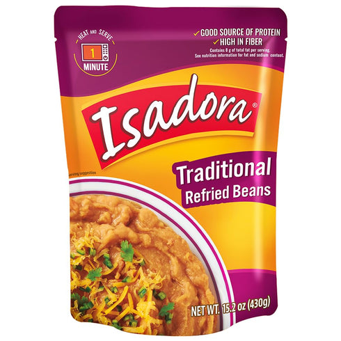 (Pack 8), Protein,15.2 oz Isadora Traditional Refried Beans in Pouch of Delicious Refried Beans, Microwave Food Premade
