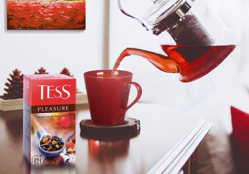 Tess Pleasure Black Tea, Lemon Sorghum, Apple Pieces, Cornflower Petals, Rose Hips, 25 Pcs.