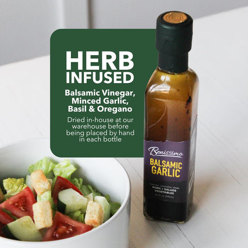 8.1 oz Benissimo Balsamic Garlic Herb Infused Oil & Vinegar Blend, All Natural Gourmet Blend with Bold Balsamic