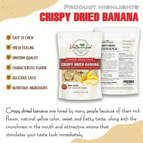 2.47 oz (70g) CRISPY DRIED BANANA VIETFARMFOOD: Freeze-dried, no sugar added, naturally sweet. Nutritious, pure