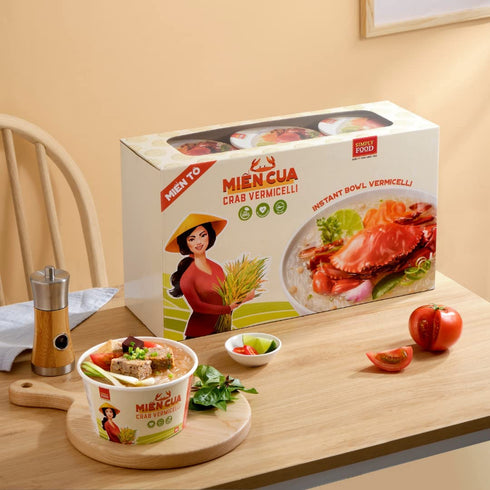 9 55g SIMPLY FOOD Instant Crab Glass Noodles (Min Cua) - BOWLS/ each Chewy, Clear Glass Vermicelli Noodles in a Seafood
