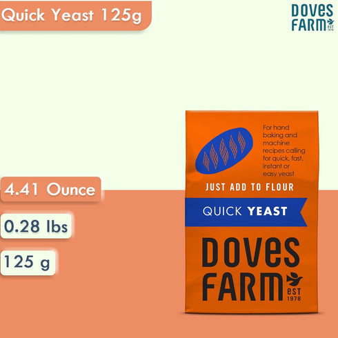 Doves Farm Quick Yeast, 4.41 Oz (125gm) for Bread & Pizza Dough Baking, Instant Dry Yeast