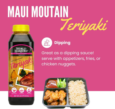 16-Fl Oz (Pack 6) World Harbors Maui Mountain Teriyaki Sauce & Marinade Perfect for Fish, Chicken, Beef, Pork, Wings