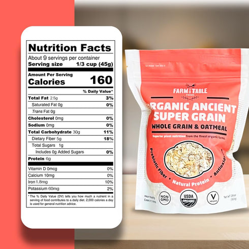 1 Pack (14 oz. Farm to Table Foods Organic Ancient Super Grain Whole Grain & Oatmeal - High Protein, Plant Based