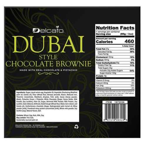 Delcato 10 Count Dubai Style Chocolate Brownie with Real Pistachio, Individually Wrapped Treats - Box