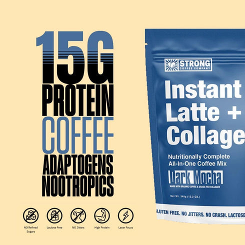 15g 12 Strong Coffee Co. Dark Mocha Instant Latte | Organic Coffee with Collagen Protein | Lions Mane & L-Theanine |